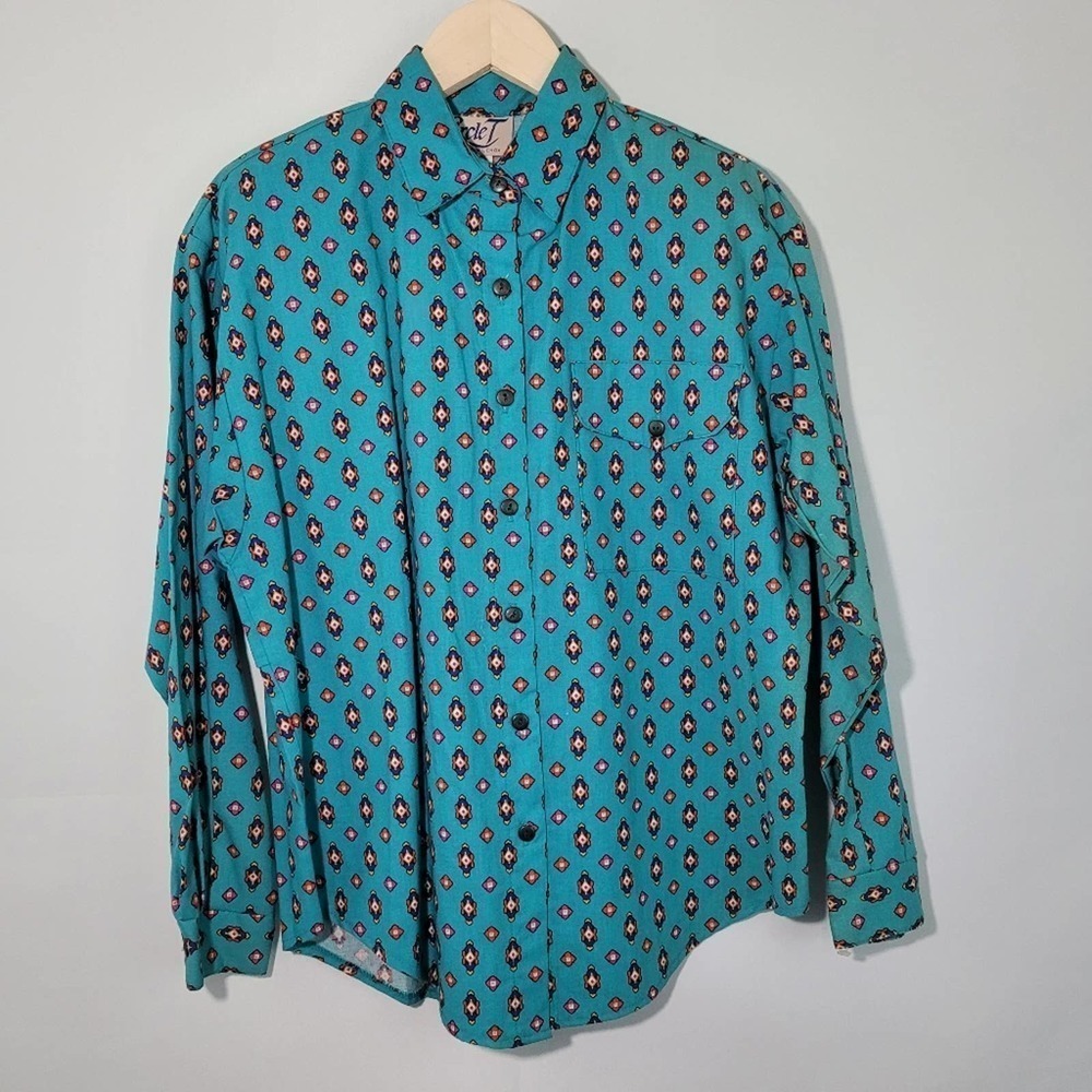 NEW VTG Circle T By Marilyn Lenox Blue Argyle Western Cowgirl Rodeo Top Sz M